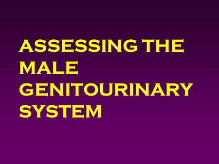 ASSESSING THE MALE GENITOURINARY SYSTEM. Outcomes 4 Identify pertinent male genitourinary history questions. 4 Obtain a male genitourinary history. 4.