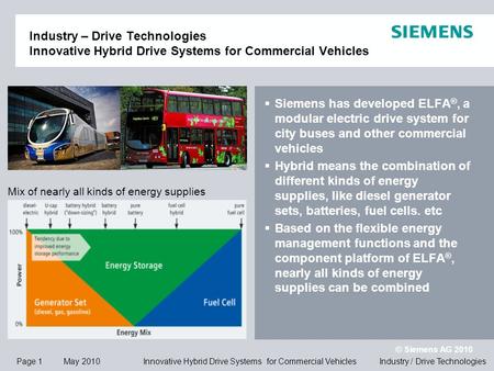 Page 1 May 2010 © Siemens AG 2010 Industry / Drive Technologies Innovative Hybrid Drive Systems for Commercial Vehicles Industry – Drive Technologies Innovative.