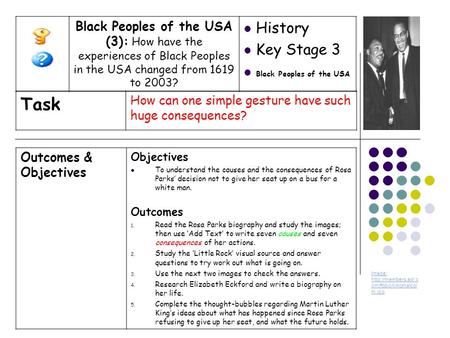 Outcomes & Objectives Objectives To understand the causes and the consequences of Rosa Parks’ decision not to give her seat up on a bus for a white man.