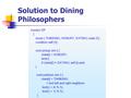 Solution to Dining Philosophers. Each philosopher I invokes the operations pickup() and putdown() in the following sequence: dp.pickup(i) EAT dp.putdown(i)