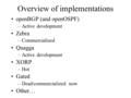 Overview of implementations openBGP (and openOSPF) –Active development Zebra –Commercialized Quagga –Active development XORP –Hot Gated –Dead/commercialized.