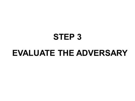 STEP 3 EVALUATE THE ADVERSARY. Sequence of Presentation Disposition of Adversary Doctrinal Templates Enemy Tactics HVTs COG Analysis.