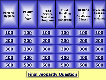 Final Jeopardy Question Personal Hygiene Poultry & Eggs 500 Chemicals, Cleaning, & Sanitizing Food Handling & Reheating Bacteria & Foodborne Illness 100.