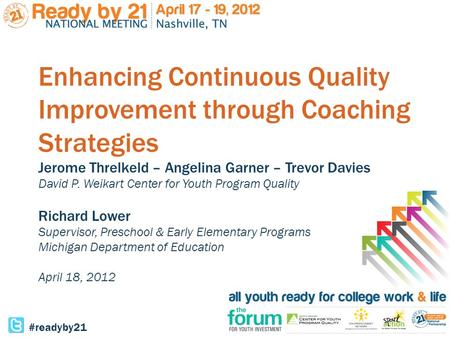 Enhancing Continuous Quality Improvement through Coaching Strategies Jerome Threlkeld – Angelina Garner – Trevor Davies David P. Weikart Center for Youth.