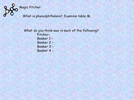 Magic Pitcher What is phenolphthalein? Examine table M. What do you think was in each of the following? Pitcher- Beaker 1 – Beaker 2 – Beaker 3 – Beaker.
