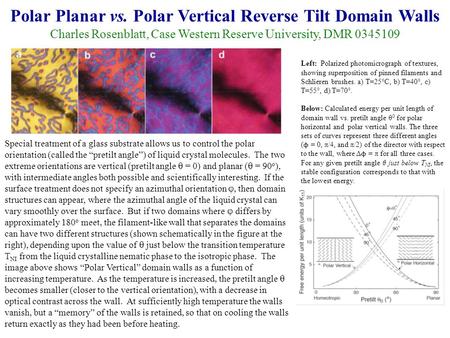 Polar Planar vs. Polar Vertical Reverse Tilt Domain Walls Charles Rosenblatt, Case Western Reserve University, DMR 0345109 Left: Polarized photomicrograph.
