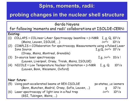 Gerda Neyens for following ‘moments and radii’ collaborations at ISOLDE-CERN: Existing: (1) COLLAPS = COLinear LAser Spectroscopy beamline +  -NMRI, g,