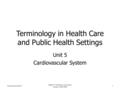 Terminology in Health Care and Public Health Settings Unit 5 Cardiovascular System Component 3/Unit 51 Health IT Workforce Curriculum Version 1/Fall 2010.