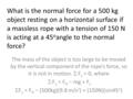What is the normal force for a 500 kg object resting on a horizontal surface if a massless rope with a tension of 150 N is acting at a 45 o angle to the.