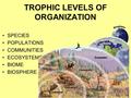 TROPHIC LEVELS OF ORGANIZATION SPECIES POPULATIONS COMMUNITIES ECOSYSTEMS BIOME BIOSPHERE.