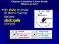 Chapter 2: Sections 3 Ionic Bonds What is an Ion? An atom or group of atoms that has become electrically charged An atom or group of atoms that has become.