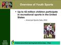 REC 4110 Youth Sport Programming & Administration Overview of Youth Sports  Up to 42 million children participate in recreational sports in the United.