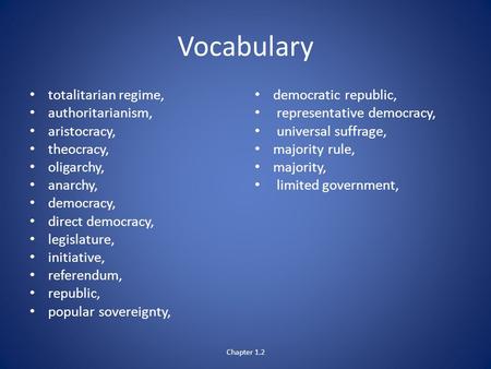 Vocabulary totalitarian regime, authoritarianism, aristocracy, theocracy, oligarchy, anarchy, democracy, direct democracy, legislature, initiative, referendum,