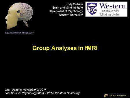 Group Analyses in fMRI  Last Update: November 9, 2014 Last Course: Psychology 9223, F2014, Western University Jody Culham Brain.