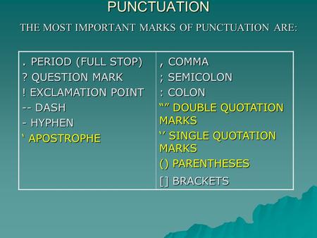PUNCTUATION THE MOST IMPORTANT MARKS OF PUNCTUATION ARE:. PERIOD (FULL STOP) ? QUESTION MARK ! EXCLAMATION POINT -- DASH - HYPHEN ‘ APOSTROPHE, COMMA ;