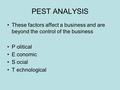 PEST ANALYSIS These factors affect a business and are beyond the control of the business P olitical E conomic S ocial T echnological.