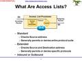 1 What Are Access Lists? –Standard –Checks Source address –Generally permits or denies entire protocol suite –Extended –Checks Source and Destination address.