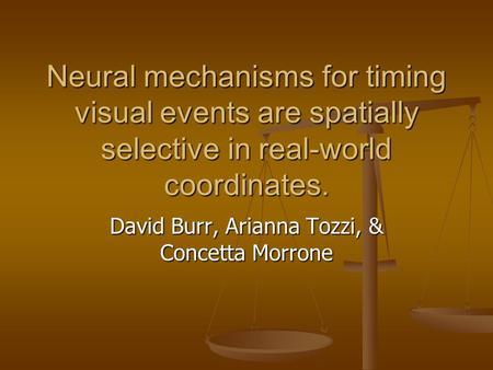 Neural mechanisms for timing visual events are spatially selective in real-world coordinates. David Burr, Arianna Tozzi, & Concetta Morrone.