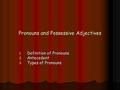Pronouns and Possessive Adjectives 1. Definition of Pronouns 2. Antecedent 3. Types of Pronouns.