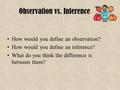 Observation vs. Inference How would you define an observation? How would you define an inference? What do you think the difference is between them?