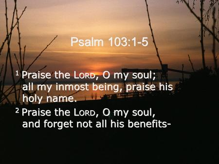 Psalm 103:1-5 1 Praise the L ORD, O my soul; all my inmost being, praise his holy name. 2 Praise the L ORD, O my soul, and forget not all his benefits-