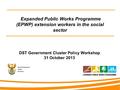 Expanded Public Works Programme (EPWP) extension workers in the social sector DST Government Cluster Policy Workshop 31 October 2013.