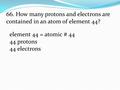 Element 44 = atomic # 44 44 protons 44 electrons 66. How many protons and electrons are contained in an atom of element 44?