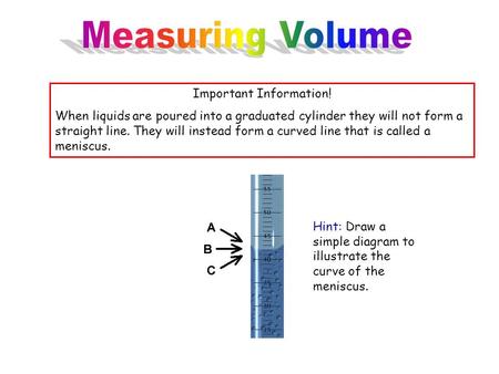Important Information! When liquids are poured into a graduated cylinder they will not form a straight line. They will instead form a curved line that.