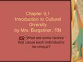 Chapter 9.1 Introduction to Cultural Diversity by Mrs. Burgstiner, RN EQ: What are some factors that cause each individual to be unique?