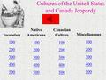 Cultures of the United States and Canada Jeopardy Vocabulary 100 200 300 400 500 Native Americans 100 200 300 400 500 Canadian Culture 100 200 300 400.
