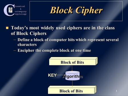 Classical &ontemporyryptology 1 Block Cipher Today’s most widely used ciphers are in the class of Block Ciphers Today’s most widely used ciphers are in.