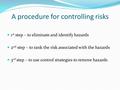 A procedure for controlling risks 1 st step – to eliminate and identify hazards 2 nd step – to rank the risk associated with the hazards 3 rd step – to.