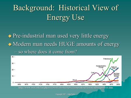 Copyright 2007 – John Sayles Background: Historical View of Energy Use  Pre-industrial man used very little energy  Modern man needs HUGE amounts of.