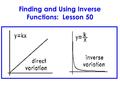 Finding and Using Inverse Functions: Lesson 50. LESSON OBJECTIVE: 1)Recognize and solve direct and joint variation problems. 2)Recognize and solve inverse.