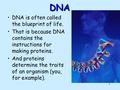 1DNA DNA.DNA is often called the blueprint of life. That is because DNA contains the instructions for making proteins. And proteins determine the traits.