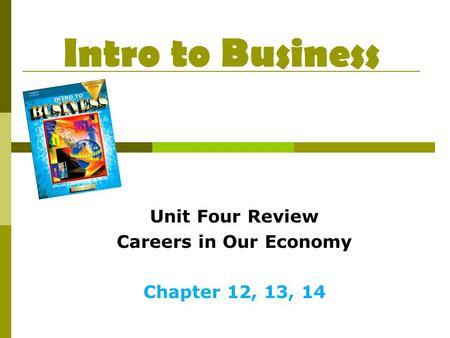 Intro to Business Unit Four Review Careers in Our Economy Chapter 12, 13, 14.
