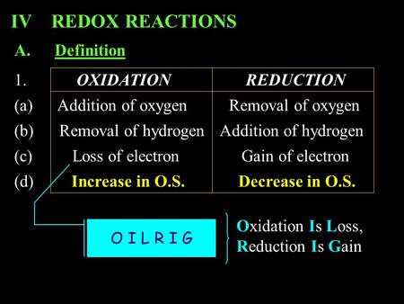 1. OXIDATION REDUCTION (a) Addition of oxygen Removal of oxygen (b) Removal of hydrogen Addition of hydrogen (c) Loss of electron Gain of electron (d)