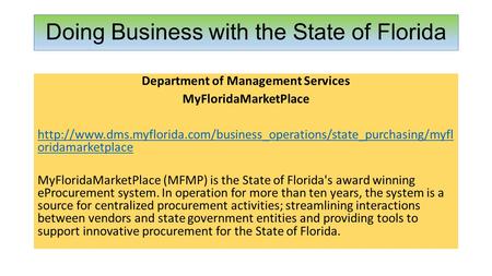 Department of Management Services MyFloridaMarketPlace  oridamarketplace MyFloridaMarketPlace.