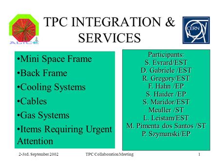 2-3rd. September 2002TPC Collaboration Meeting1 TPC INTEGRATION & SERVICES Mini Space Frame Back Frame Cooling Systems Cables Gas Systems Items Requiring.