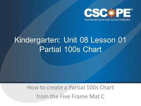 Kindergarten: Unit 08 Lesson 01 Partial 100s Chart How to create a Partial 100s Chart from the Five Frame Mat C.