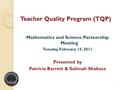 Teacher Quality Program (TQP) Mathematics and Science Partnership Meeting Tuesday, February 15, 2011 Presented by Patricia Barrett & Salimah Shabazz 1.