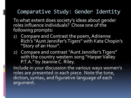 Comparative Study: Gender Identity To what extent does society’s ideas about gender roles influence individuals? Chose one of the following prompts: 1)