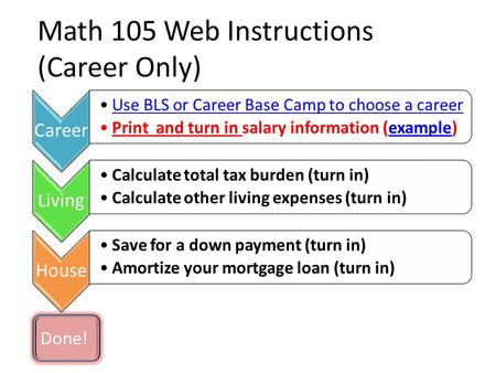 Math 105 Web Instructions (Career Only) Career Use BLS or Career Base Camp to choose a career Print and turn in salary information (example)example Living.
