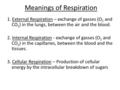 Meanings of Respiration 1. External Respiration – exchange of gasses (O 2 and CO 2 ) in the lungs, between the air and the blood. 2. Internal Respiration.