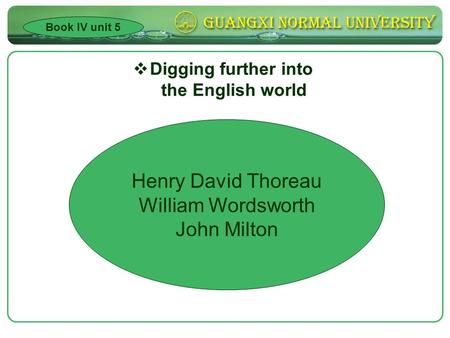  Digging further into the English world Book IV unit 5 Henry David Thoreau William Wordsworth John Milton.