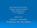King Abdul Aziz University English Language Institute New Headway Plus 101 – Beginner Units 1-2-3 Grammar – Vocabulary Prepared by : Mrs. Azza Khattab.