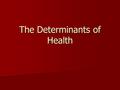 The Determinants of Health. Income and Social Status: The more money you have, the healthier you are likely to be. This is the single most important determinant.