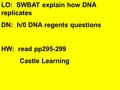 LO: SWBAT explain how DNA replicates DN: h/0 DNA regents questions HW: read pp295-299 Castle Learning.
