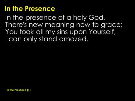 In the Presence In the presence of a holy God, There's new meaning now to grace; You took all my sins upon Yourself, I can only stand amazed. In the Presence.
