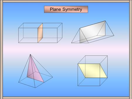 Plane Symmetry A plane of symmetry divides a three dimensional shape into two congruent halves that are mirror images of each other. A Cuboid A Cuboid.